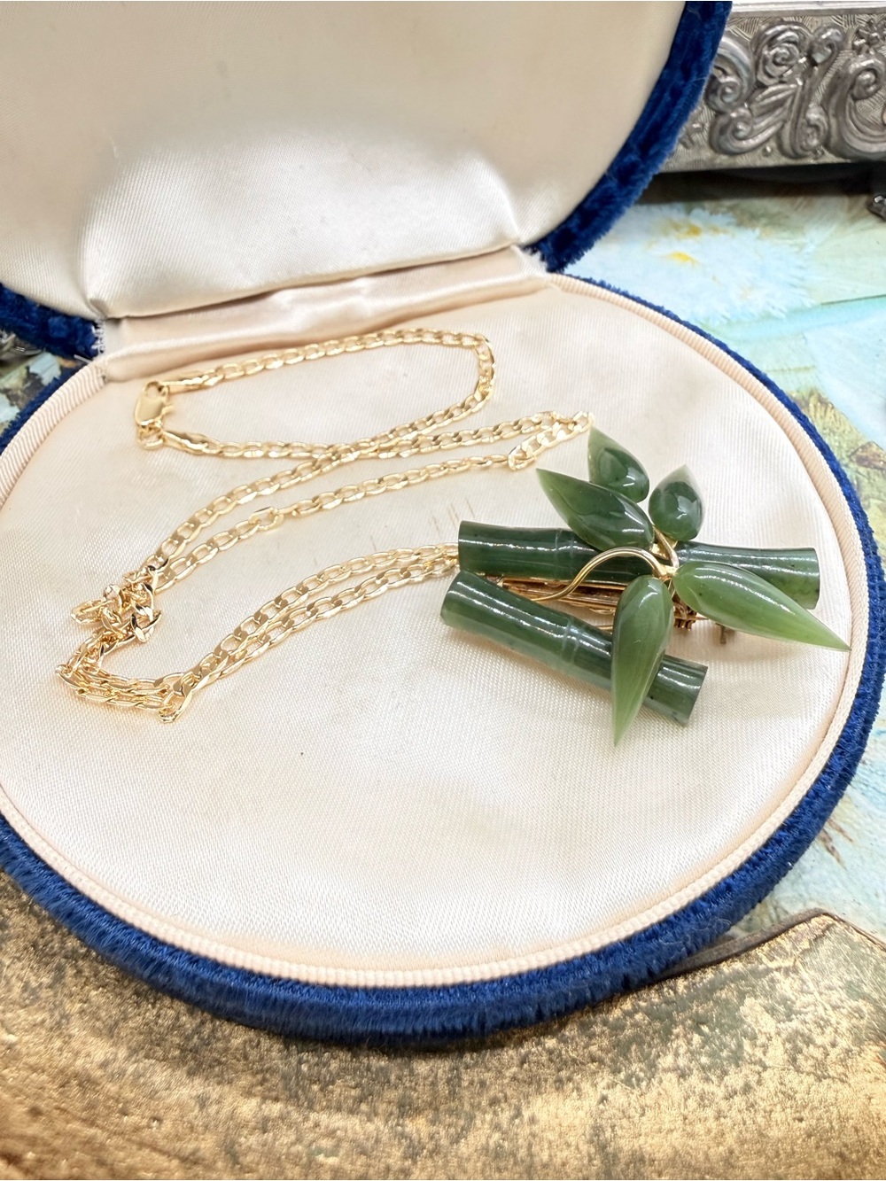 Vintage Green Nephrite Jade Bamboo Brooch Necklace